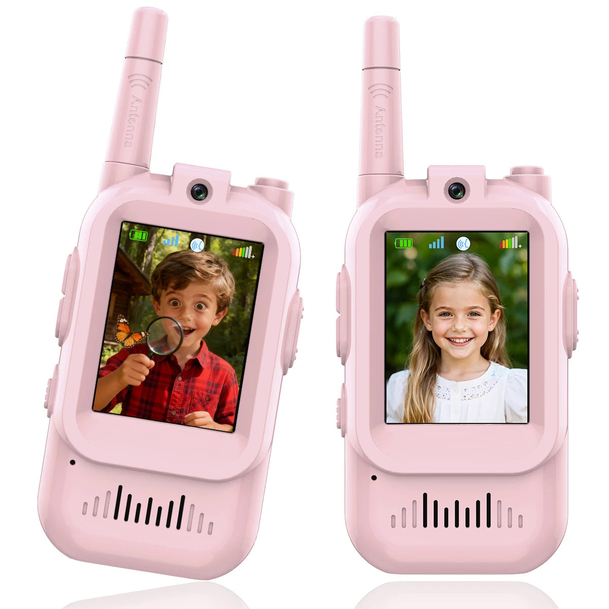 Pair of pink Belro children's 2-pack video walkie talkies with colorful buttons and compact design for kids' electronic communication.