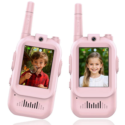 Pair of pink Belro children's 2-pack video walkie talkies with colorful buttons and compact design for kids' electronic communication.