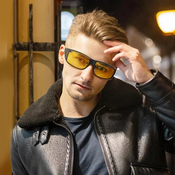 Mivoza night driving over-glasses with anti-glare yellow lenses, scratch-resistant, fit over regular glasses for improved night vision.