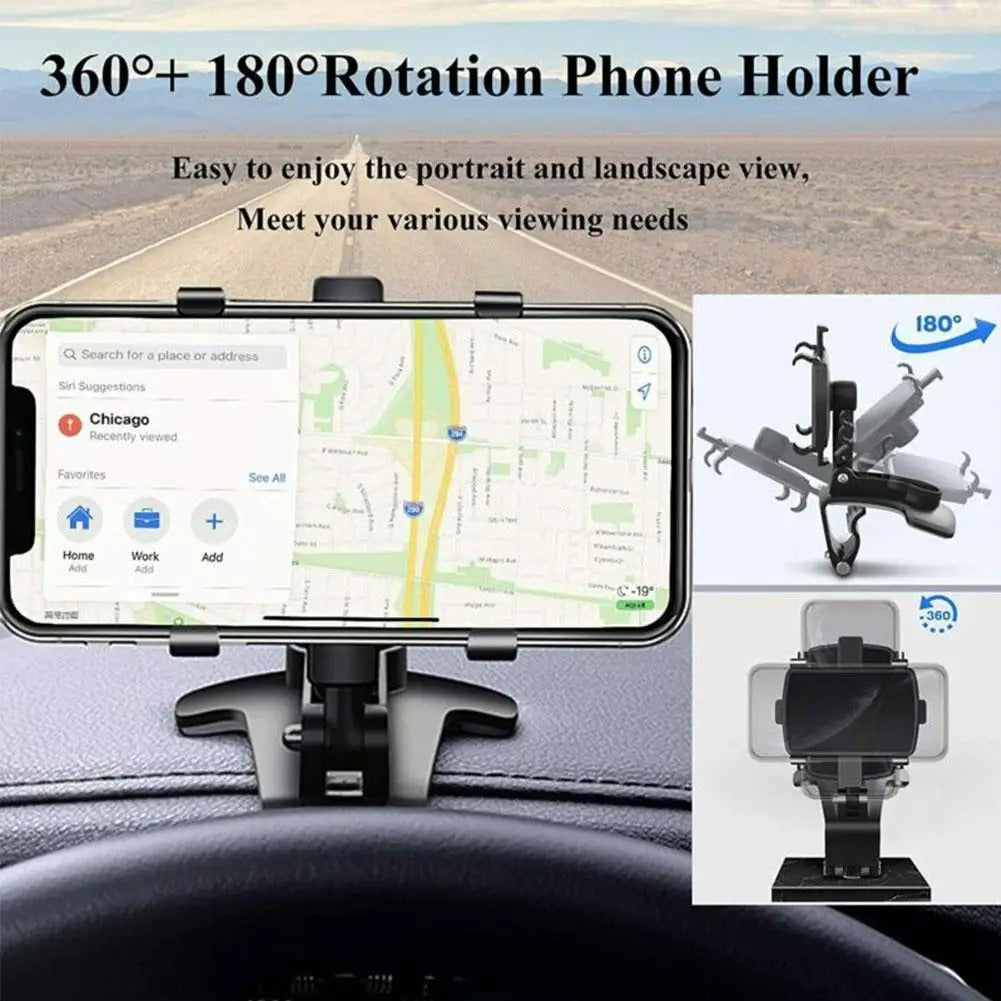 Belro car dashboard phone holder attached to a vehicle dashboard, showcasing secure grip and easy access for smartphones.