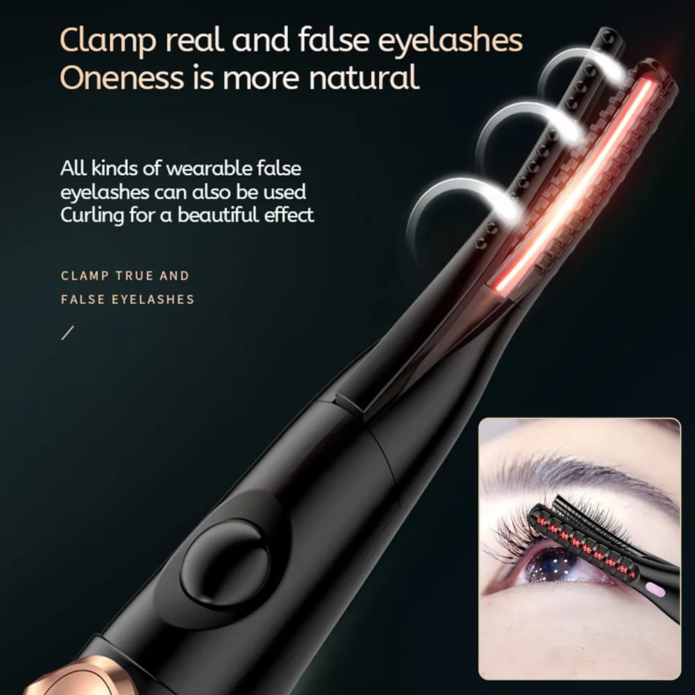 Belro rechargeable heated eyelash curler with black handle and heating pad, designed for gentle, long-lasting curl in beauty makeup.