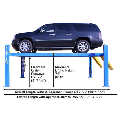 Atlas Automotive Equipment Atlas 414 4-Post Lift in a garage setting, showcasing sturdy metal posts and lifting arms for vehicle elevation.