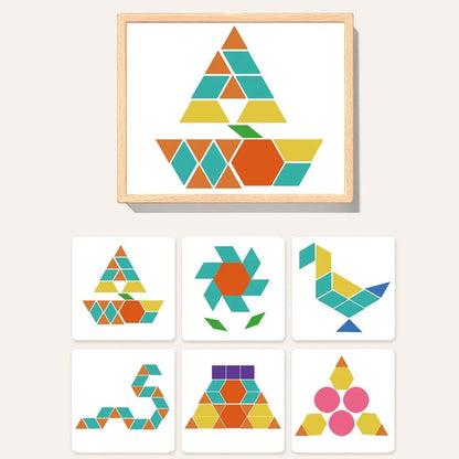 Mivoza magnetic wooden building blocks with pattern cards, educational and creative magnetic toy for kids, showing colorful block arrangements.