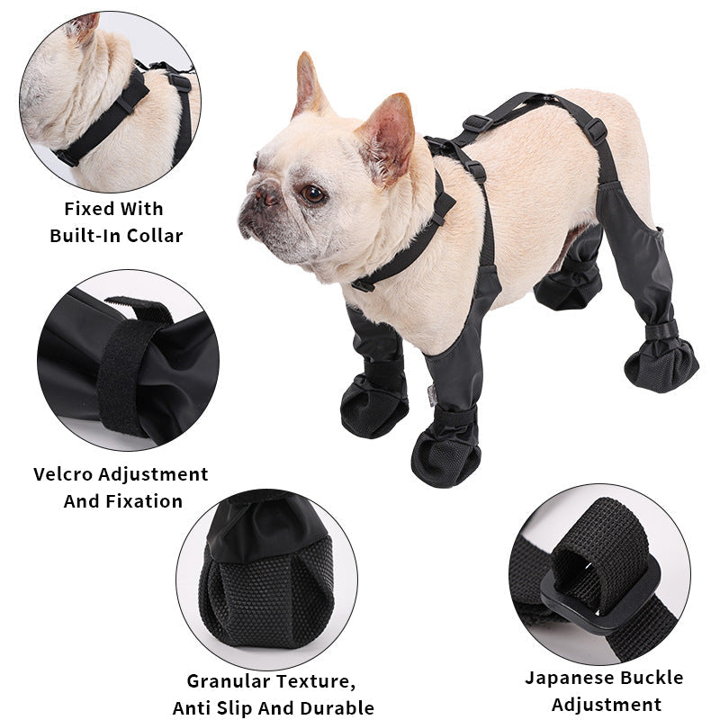 Adjustable Belro dog boots with secure straps and durable footwear for outdoor protection.