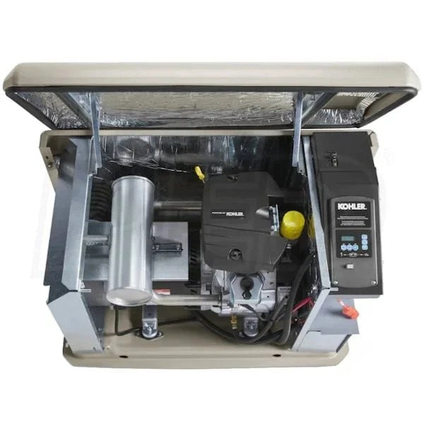 Kohler 20RCAL-200SELS 20kW aluminum standby generator system with 200A service disc and load shedding, installed outdoors.