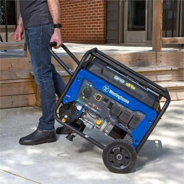 Westinghouse WGen5300DFcv 5300W dual-fuel portable generator with RV outlet and CO sensor, ideal for outdoor power needs.