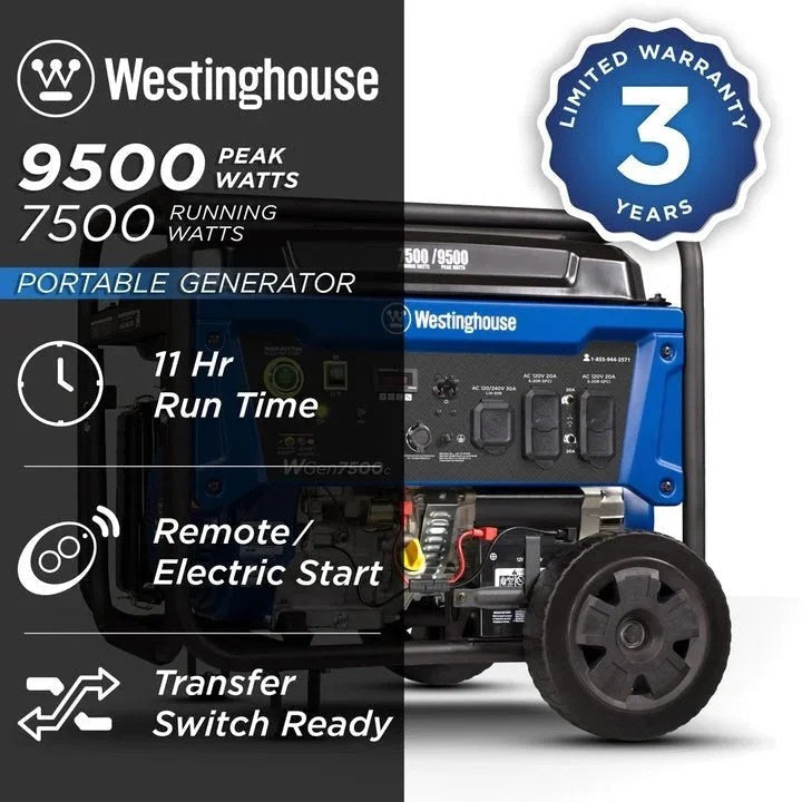 Westinghouse WGen7500c portable generator with black and yellow design, featuring control panel and handles for easy transport.