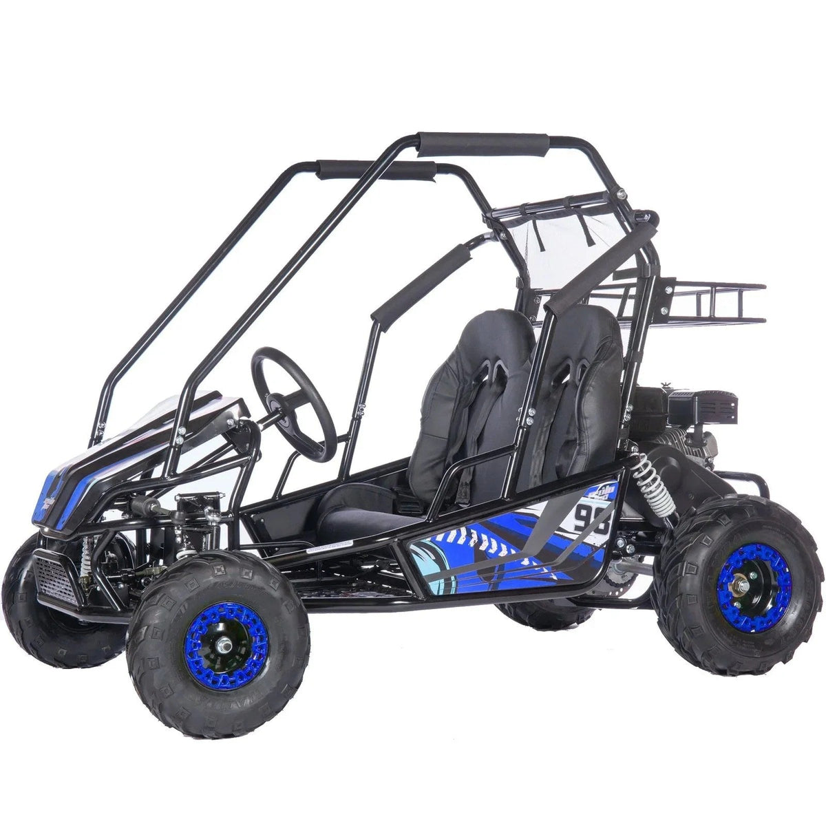 Casavibeo MotoTec Mud Monster XL 212cc two-seat full suspension go-kart on rough terrain, showing its rugged design and sturdy build.