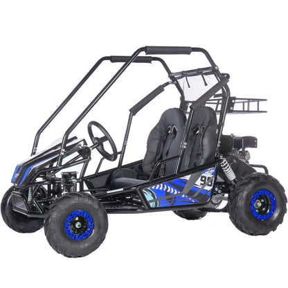 Casavibeo MotoTec Mud Monster XL 212cc two-seat full suspension go-kart on rough terrain, showing its rugged design and sturdy build.