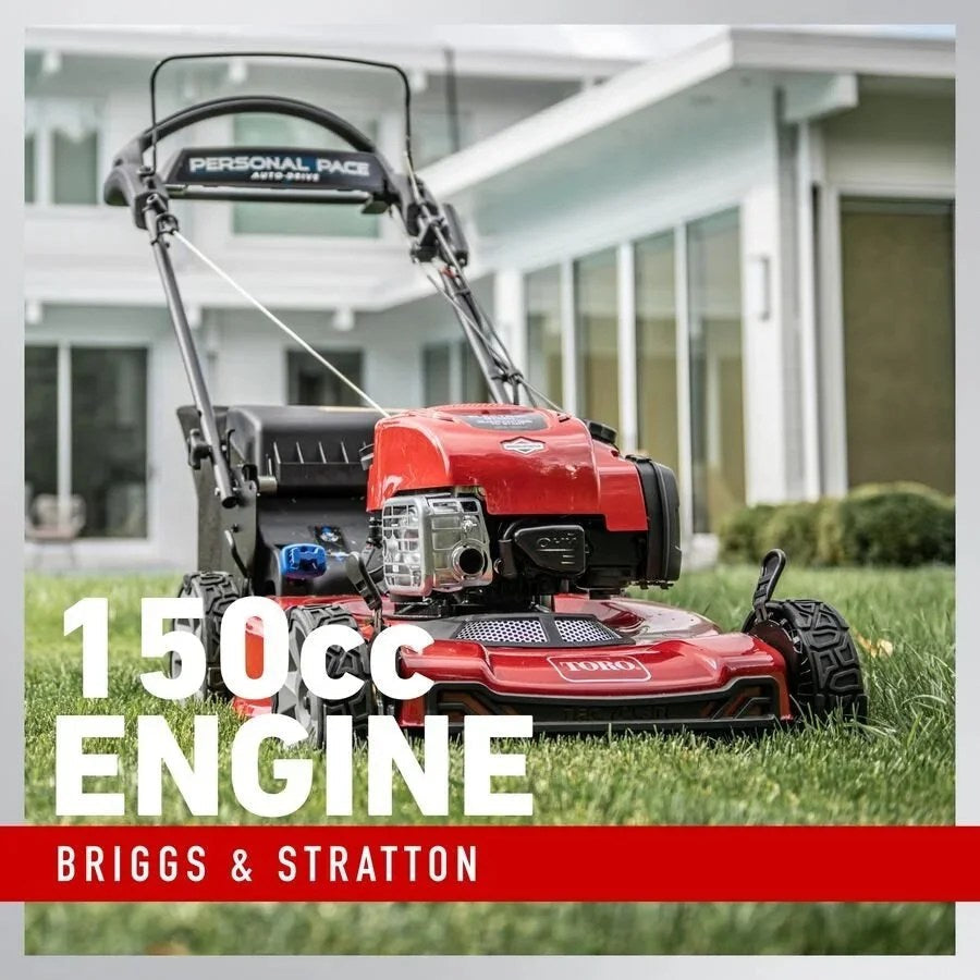 Casavibeo Toro 22-inch electric-start recycler self-propelled gas lawn mower with personal pace drive, shown in a yard setting.