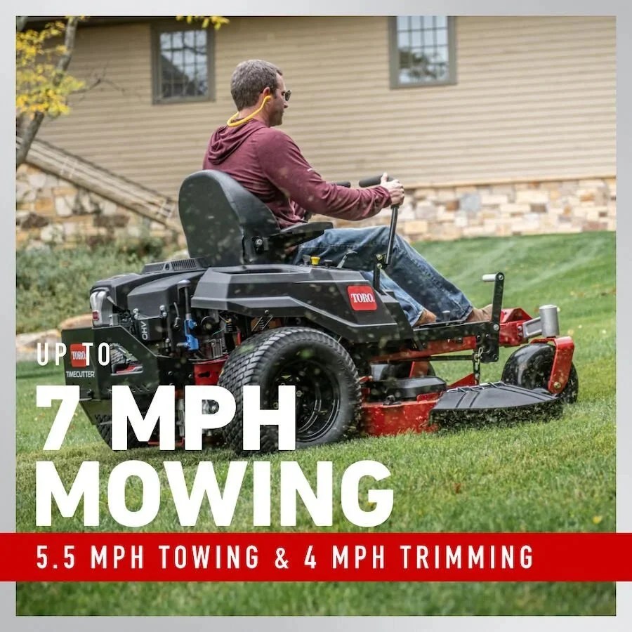 Casavibeo Toro 42-inch TimeCutter Zero Turn Mower with sleek black and silver design, showing the cutting deck and control panel.