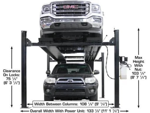 Atlas Apex 9 ALI Certified 9,000 lb 4-post lift by Casavibeo, showing the sturdy lift with automotive vehicle on the platform.