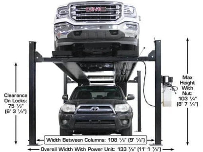 Atlas Apex 9 ALI Certified 9,000 lb 4-post lift by Casavibeo, showing the sturdy lift with automotive vehicle on the platform.
