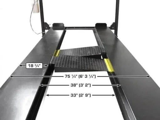 Atlas Apex 8 8,000 lb 4-post lift car in a garage setting, showcasing the sturdy steel structure and lifting mechanism.
