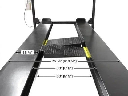Atlas Apex 8 8,000 lb 4-post lift car in a garage setting, showcasing the sturdy steel structure and lifting mechanism.