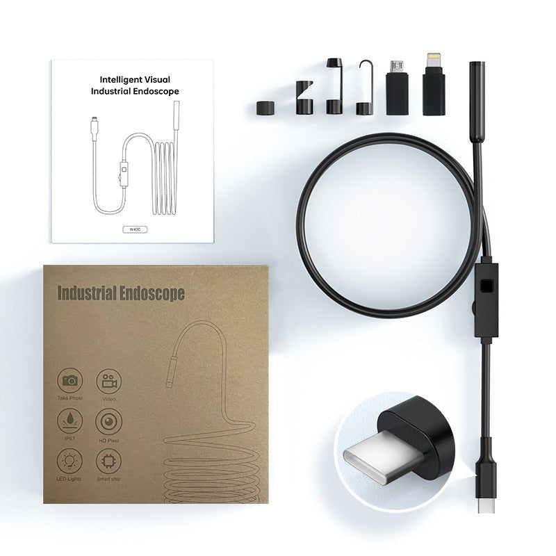 GETDECO 3-in-1 HD inspection camera with 8mm lens, waterproof IP67, LED lights, flexible cable for iPhone, Android, and Type-C devices.