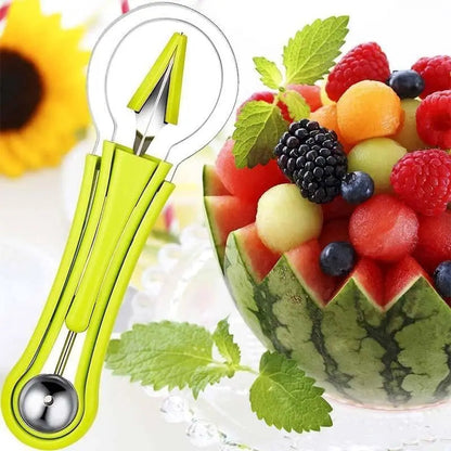 Mivoza 3-in-1 fruit cutter for slicing, portioning, and decorating fresh fruits, showcasing multiple fruit pieces and cutting tools.