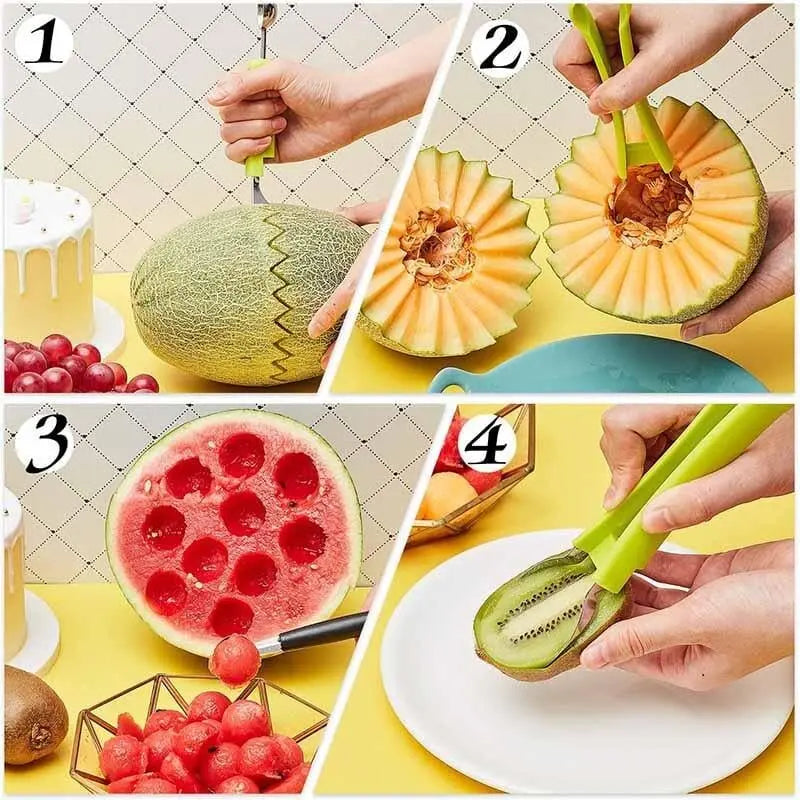 Mivoza 3-in-1 fruit cutter for slicing, portioning, and decorating fresh fruits in the kitchen, showcasing its versatile multi-function design.