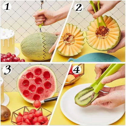 Mivoza 3-in-1 fruit cutter for slicing, portioning, and decorating fresh fruits in the kitchen, showcasing its versatile multi-function design.