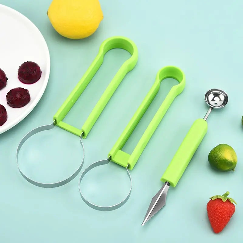 Mivoza 3-in-1 fruit cutter with slicing, portioning, and decorating functions, shown on a kitchen countertop with fruits.