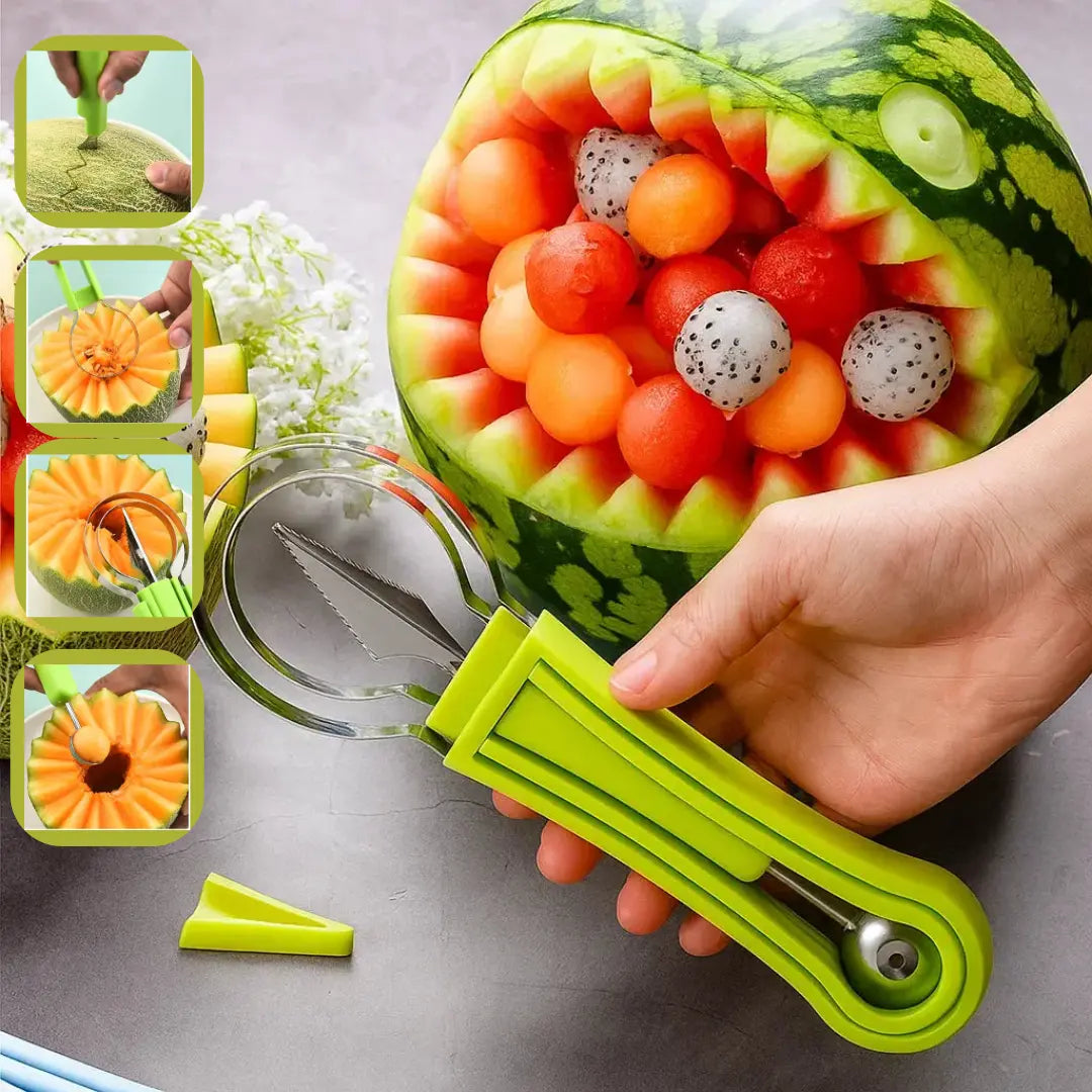 Mivoza 3-in-1 fruit cutter for portioning, slicing, and decorating fresh fruits in a kitchen setting.
