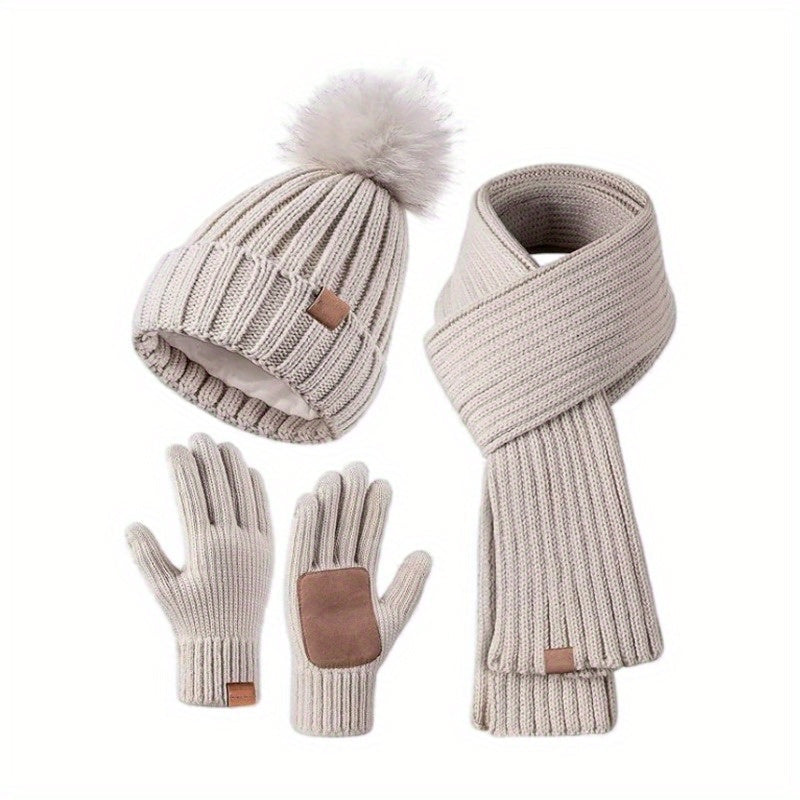 BowLift 3-in-1 knit winter set with hat, scarf, and touchscreen gloves for warmth and style in cold weather.