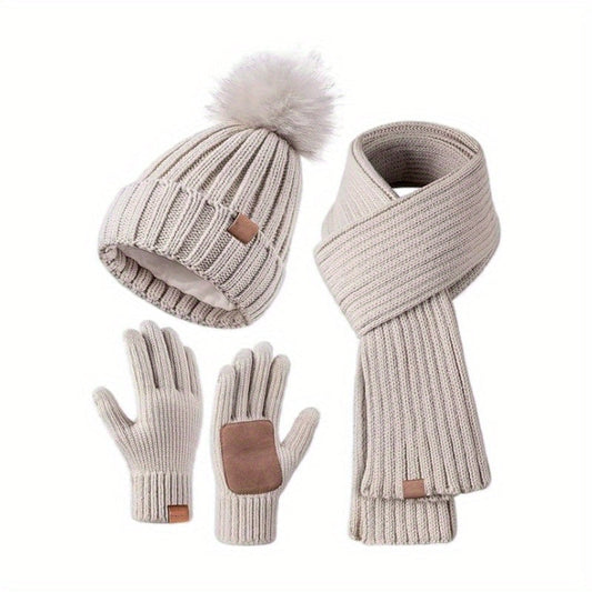 BowLift 3-in-1 knit winter set with hat, scarf, and touchscreen gloves for warmth and style in cold weather.