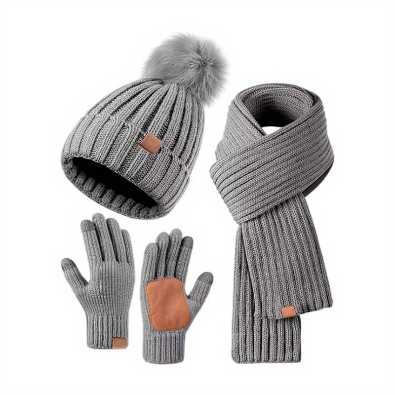 BowLift 3-in-1 knit winter set with hat, scarf, and touchscreen gloves, stylish and warm for cold days.