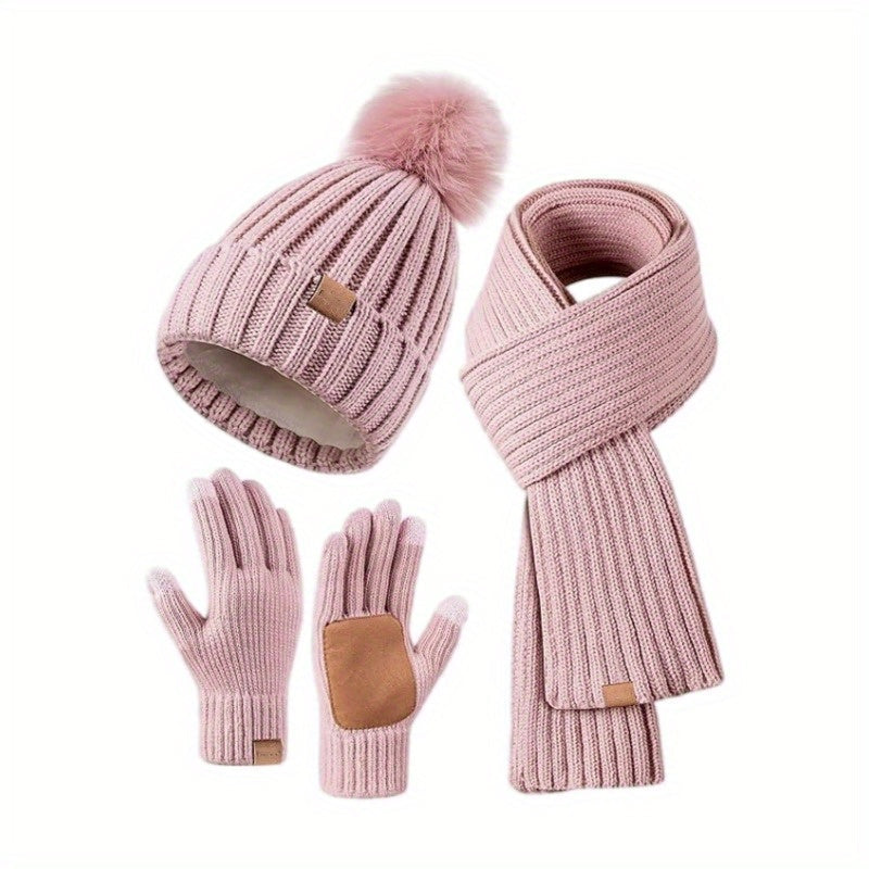 BowLift 3-in-1 knit winter set with hat, scarf, and touchscreen gloves, stylish and warm for cold days.