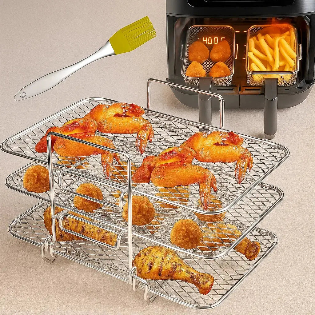 Mivoza 3-tier air fryer insert with non-stick coating, designed for even heat distribution and easy cleaning in kitchen appliances.