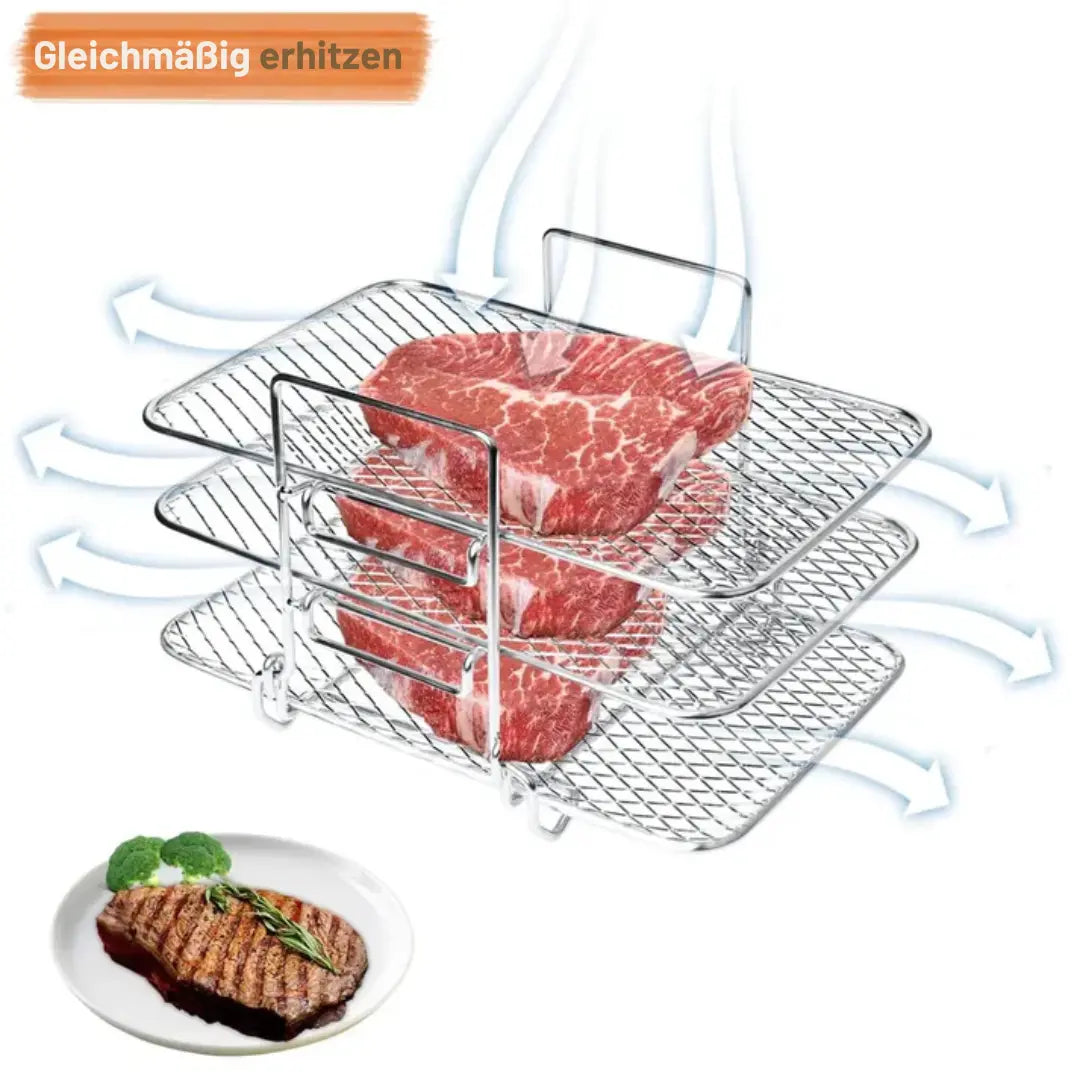 Mivoza 3-tier air fryer insert with non-stick coating, designed for even heat distribution and easy cleaning in kitchen appliances.