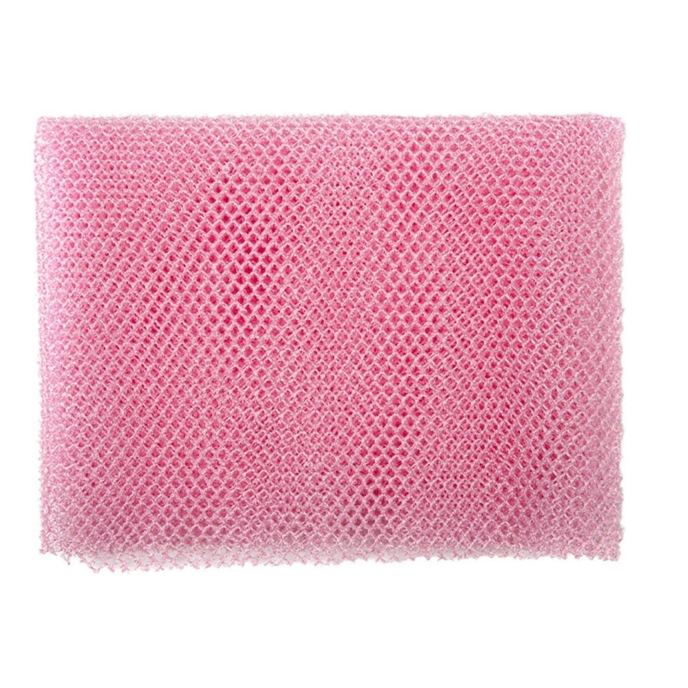 Belro African net sponge exfoliating bath scrubber for smooth skin, shown in a bathroom setting with textured net material.