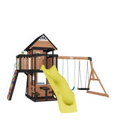 Casavibeo Canyon Creek Swing Set with yellow slide, featuring swings and climbing frame for outdoor play.