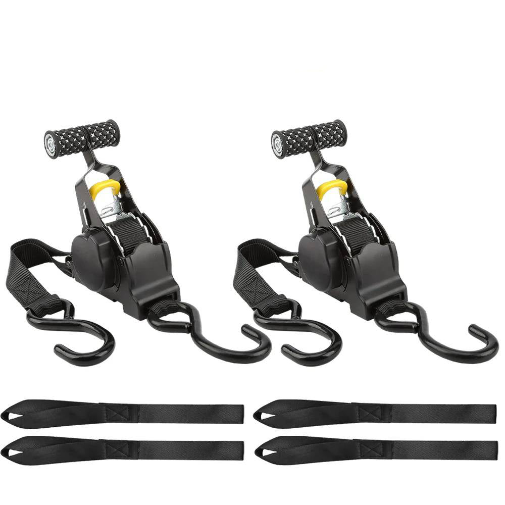Belro 2-set retractable ratchet straps for securing loads, made of durable materials, with metal hooks and adjustable tension.