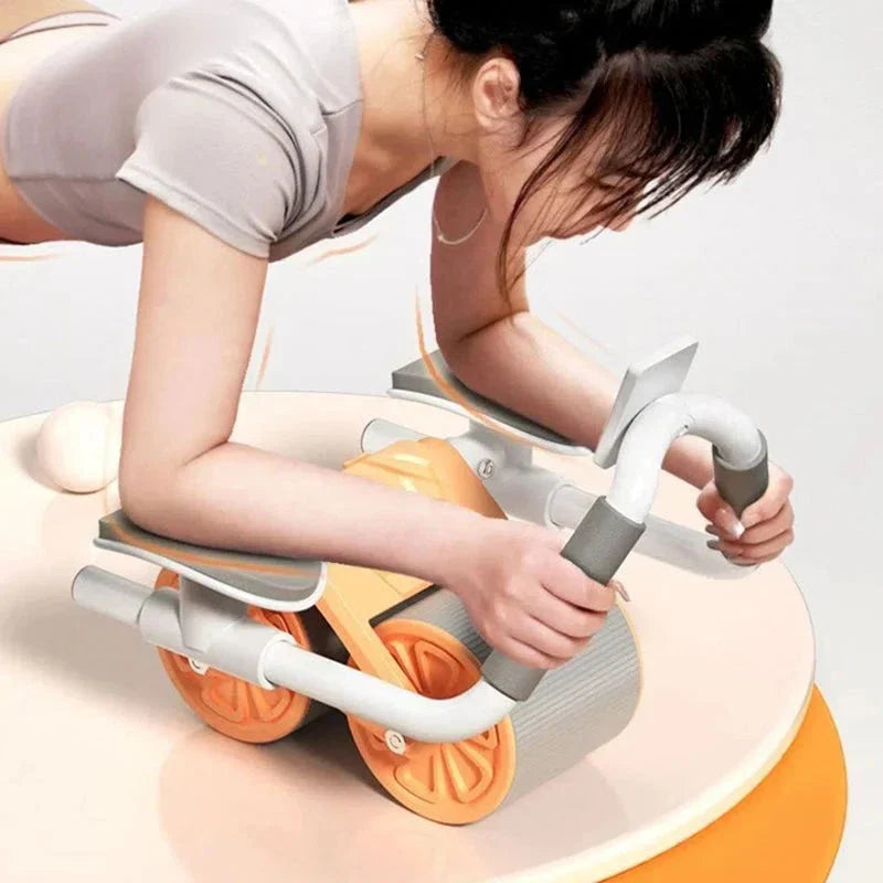 Male wearing Belro men's clothing, featuring the Plank Ab Roller Wheel for core training, displayed in a fitness setting.
