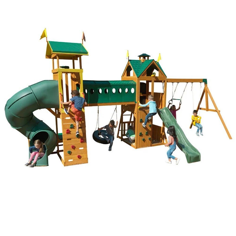 Casavibeo KidKraft Mockingbird View Cedar Swing Set with lookout tower, tube slide, and basketball hoop for kids' outdoor play