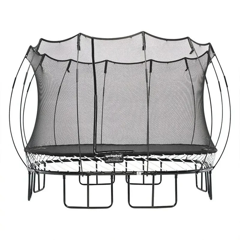Casavibeo Springfree Kids 11 ft. outdoor large square trampoline with safety enclosure, showing the net and jumping surface.