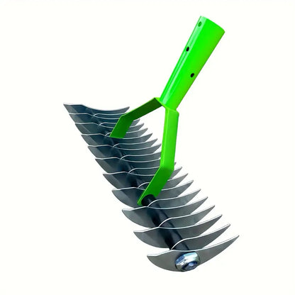 Belro long reach thatch rake for men, with sturdy metal tines and ergonomic handle, designed for dethatching dead grass.