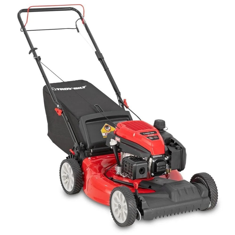 Casavibeo Troy-Bilt TB200C self-propelled lawn mower with cutting deck and grass collection bag, ready for yard maintenance.