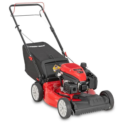 Casavibeo Troy-Bilt TB200C self-propelled lawn mower with cutting deck and grass collection bag, ready for yard maintenance.
