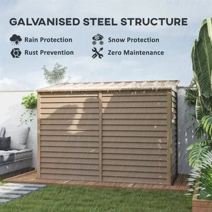 Casavibeo garden shed with gray metal exterior and double doors, set in a lush outdoor setting.