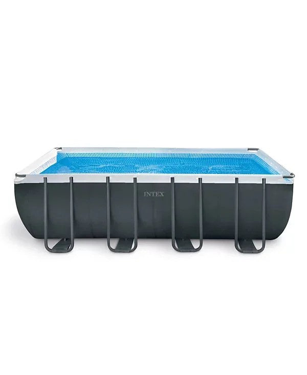 Intex Ultra XTR above ground pool with a clear blue water surface and a matching solar cover, outdoors in a backyard setting.