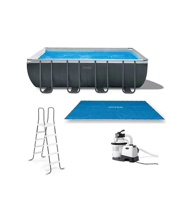 Intex Ultra XTR above ground pool with a solar cover, featuring clear water and a sturdy frame for backyard swimming fun.