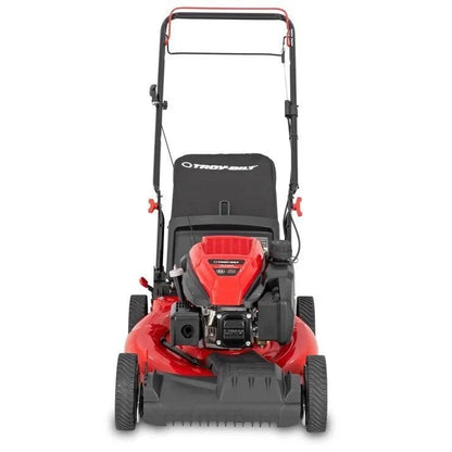 Casavibeo Troy-Bilt TB200C self-propelled lawn mower with cutting deck and grass collection bag, ideal for yard maintenance.