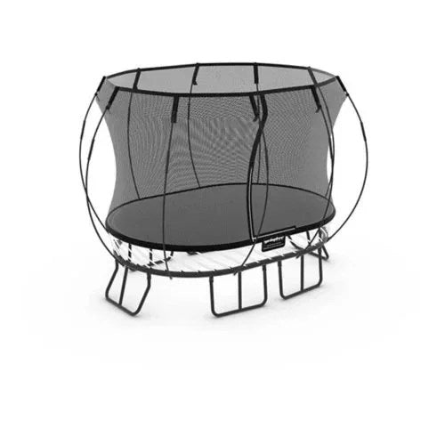 Casavibeo Springfree Compact Oval Trampoline with safety enclosure and padded edges, set up outdoors on a grassy surface.