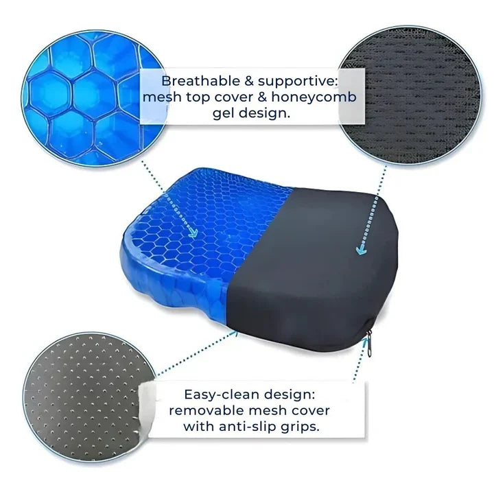 Belro orthopedic gel seat cushion providing pressure relief and lower back support for office chairs, cars, and wheelchairs.