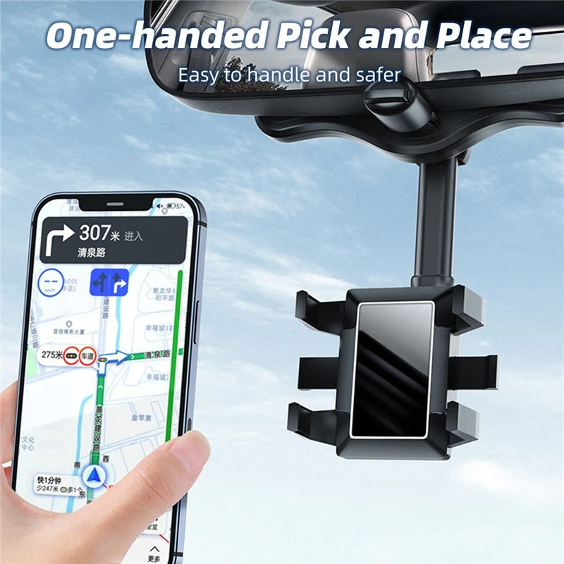 Belro rearview mirror phone holder attached to a vehicle mirror, compatible with electronics and computer monitor accessories.