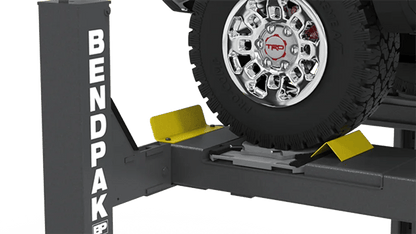 Casavibeo BendPak 14,000 lb. capacity automotive lift with turnplates and slip plates, shown in a workshop setting.