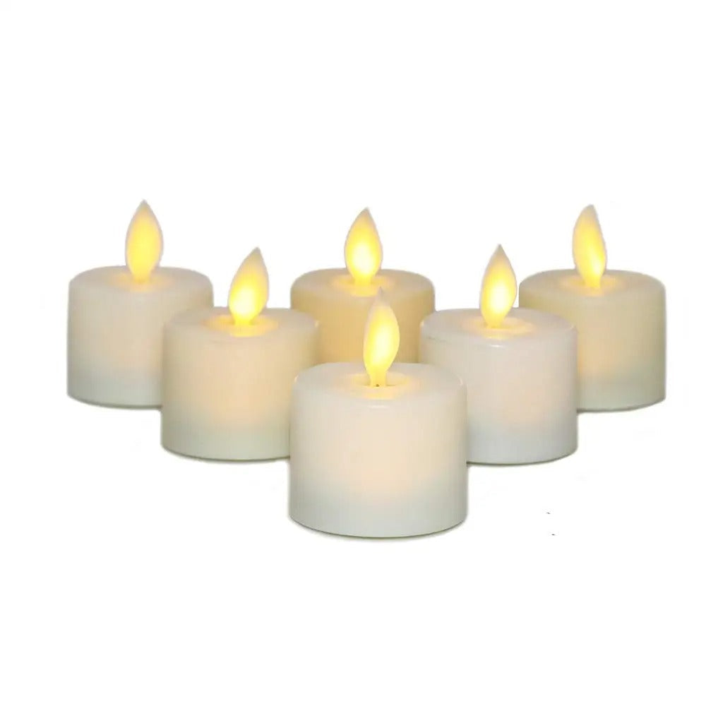 Six Belro flameless candles with remote control, realistic design, placed on a home decor table, for safe, ambient lighting.