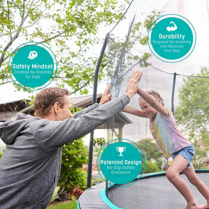Casavibeo Skywalker Trampolines rectangle trampoline with safety enclosure, featuring sturdy frame and jumping surface under protective net.